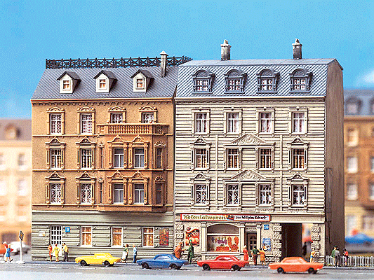 Two Town Houses - Painted/Weathered -- Each: 4 x 3-1/2 x 5" 10.1 x 8.8 x 12.8cm