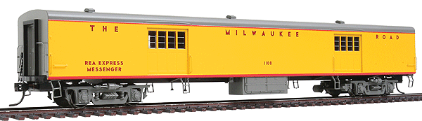 Milwaukee Road 1935-Built Express Car - Ready to Run -- Milwaukee Road #1100 (Post-1956 Armour Yellow, gray, REA Express Messenger)