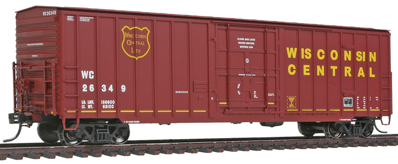 Soo Line-Built 7-Post Boxcar w/Diagonal-Panel Roof - Ready to Run -- Wisconsin Central #26036 (maroon, yellow, Large/Wide Lettering Font)