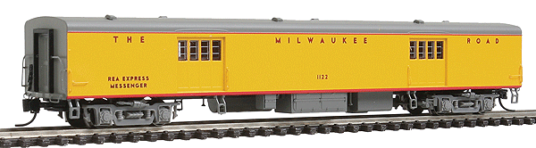 Milwaukee Road 1935-Built Express Car - Ready to Run -- Milwaukee Road #1122 (UP Post-1956 Armour Yellow, gray, REA Express Messenge