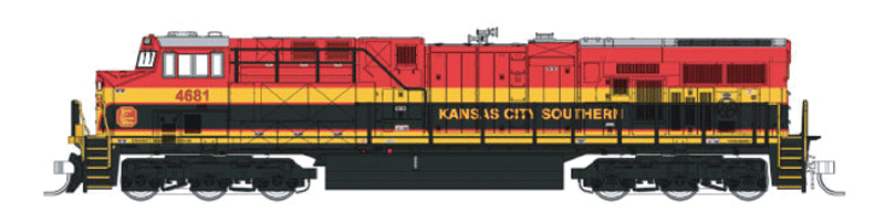 GE ES44AC w/4-Window Cab, Low Rear Headlight & Steerable Trucks - Standard D -- Kansas City Southern #4685 (Southern Belle, red, black, yellow)