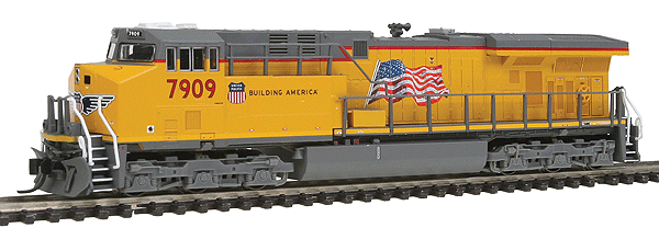 GE ES44AC w/4-Window Cab, Low Rear Headlight & Hi-Ad Trucks - Standard DC -- Union Pacific #7909 (Armour Yellow, gray, Building America Logo & Flag)