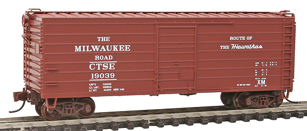 Milwaukee Road 40' Long-Rib Boxcar - Ready to Run -- Milwaukee Road (brown, CTSE Reporting Marks, Route of Hiawathas Slogan)
