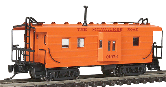 Milwaukee Road Rib-Side Low Bay Window Caboose, Straight Trucks Ready to Run -- Milwaukee Road #01973 (Original Scheme Built in 1946; orange)