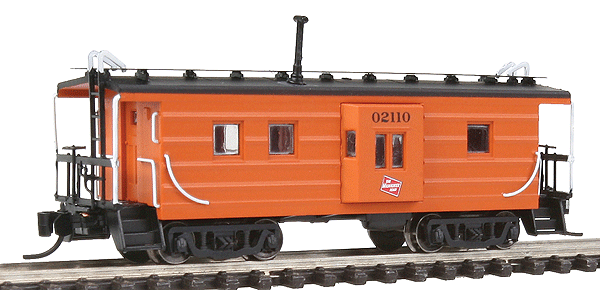 Milwaukee Road Rib-Side Low Bay Window Caboose w/Drop Trucks - Ready to Run -- 1951-Built Milwaukee Road #02110 (orange, black Roof, Logo on Bay Window)