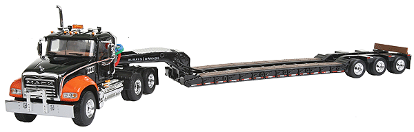 Tractor/Trailer - Mack (Die Cast Metal) -- Granite MP Hitachi w/Tri-Axle Lowboy Trailer (black, orange)