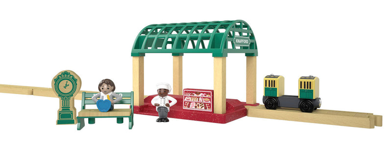 Knapford Train Station - Thomas and Friends(TM) Wooden Railway -- Station Shelter, Bench, 2 Figures, Clock, Passenger Car
