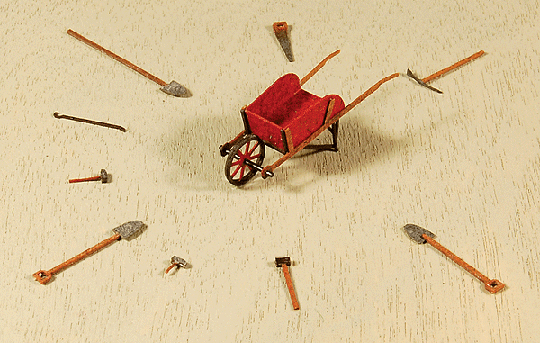 Wheelbarrow & Tool Set - Kit (Laser-Cut Wood) -- Wheelbarrow, 3 Shovels, 2 Hammers, Pry Bar, Pick, Saw, Sledge Hammer