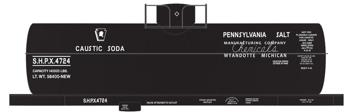 Railroad Decal Set 6-Pack -- Pennsylvania Salt SHPX 8,000-Gallon Caustic Soda Tank Car