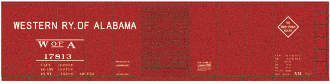 Railroad Decal Set -- Western Railway of Alabama 40' Steel Single-Door Boxcar