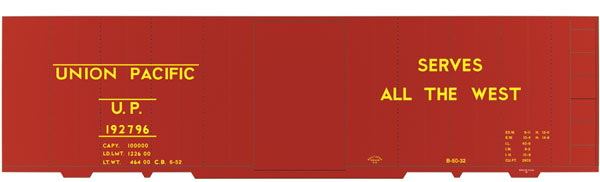 Railroad Decal Set -- Union Pacific 40' Steel Boxcar (Serves the West Slogan, All Yellow Lettering