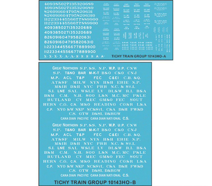 Railroad Decal Set -- 50+ Roadnames for Flatcars (white lettering)