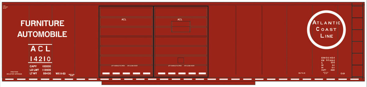 Railroad Decal Set -- Atlantic Coast Line 50' Steel Double-Door Boxcar (Furniture/Auto Service)