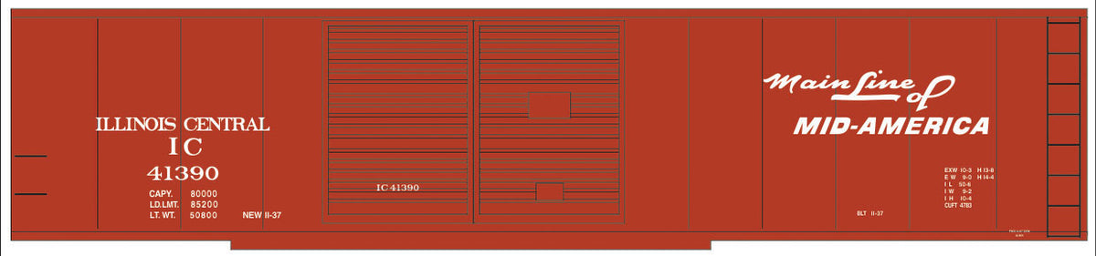 Railroad Decal Set -- Illinois Central 50' Double-Door Boxcar (Boxcar Red, Mainline Mid America Lo