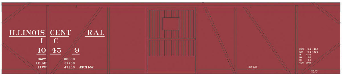 Railroad Decal Set -- Illinois Central 50' Single-Door Single-Sheathed Boxcar (Boxcar Red, No Logo