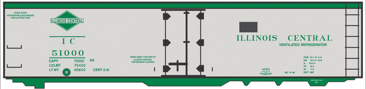 Railroad Decal Set -- Illinois Central 40' Steel Reefer (silver Car, green Lettering & Diamond Log