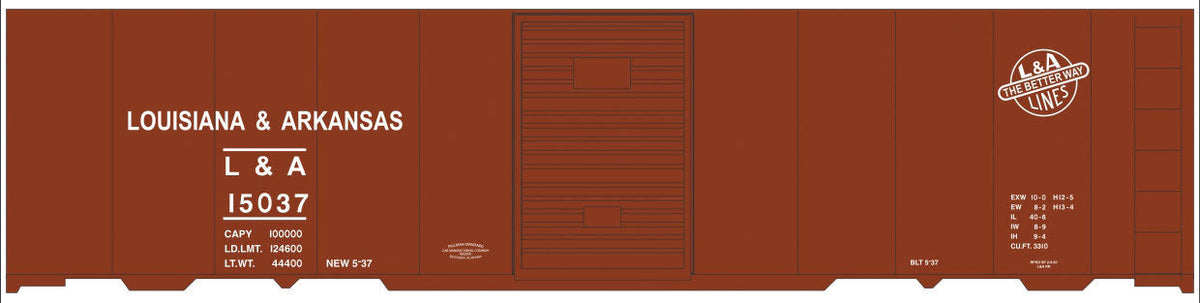 Railroad Decal Set -- Louisiana & Arkansas 40' Steel Boxcar (Boxcar Red Car, L&A Lines Logo)