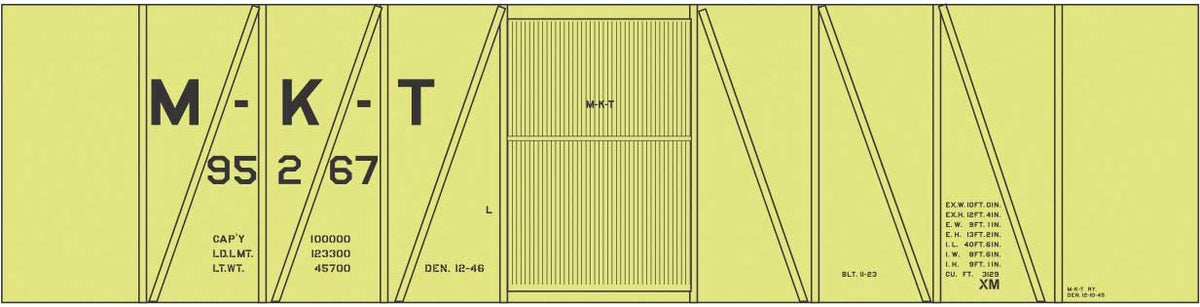 Railroad Decal Set -- Missouri-Kansas-Texas Single-Sheathed Wood Boxcar (yellow car)