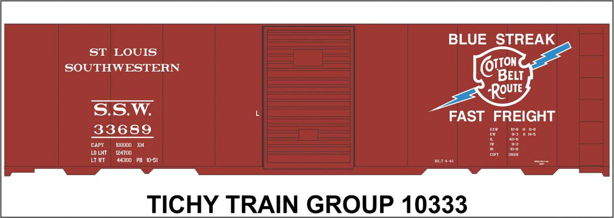 Railroad Decal Set -- Cotton Belt SSW 40' Steel Boxcar (Blue Streak Logo)