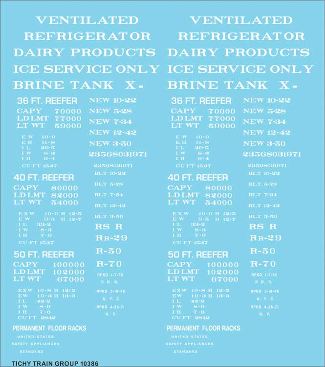 Railroad Decal Set -- Generic 36', 40' and 50' Refrigerator Car - Reefer Data (white lettering)