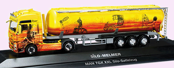 Truck MAN TGX XXL Bulk Tank Semi - Assembled w/Display Base -- Melmer - Rudolf Diesel (yellow, orange, Special Graphics)