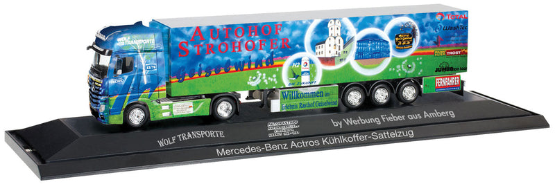 Mercedes-Benz Actros Tractor w/Reefer Trailer - Assembled -- Autohof Geiselwind (blue, green, All-Color Graphics, German Lettering)