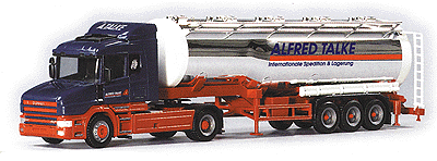 European Trucks - Scania -- T-Cab 1-Axle Conventional (blue, red) w/Chrome 3-Axle Tank Trailer Talke