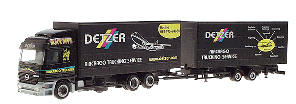 Euroepan trucks - 3-Axle Box Van & Matchiong 2-Axle Trailer -- Mercedes Actros w/Canvas Sides Detzer (black w/multi-color graphics)