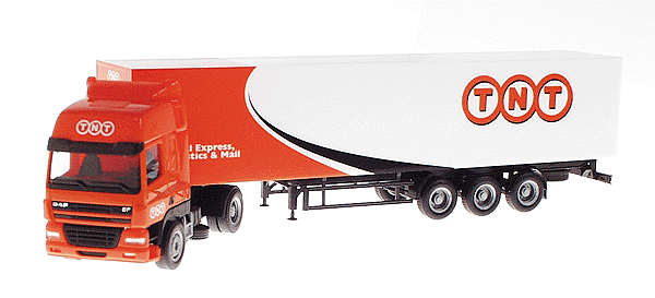 European Trucks - Tractor/Trailer - DAF CF 2-Axle Cabover w/Airdam, Sleeper -- w/3-Axle Box Trailer TNT Global Express, Logistics & Mail (orange, white)