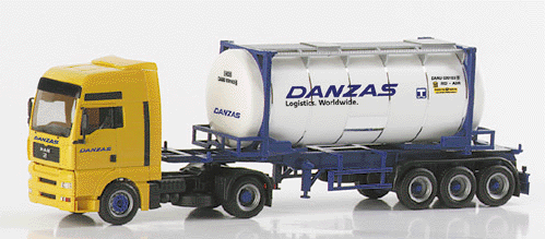 European Trucks - Tractor/Trailer - MAN TG-A XXl 2-Axle Cabover -- w/3-Axle 30' Container Chassis & Bulktainer "Danzas" (yellow, blue, white)