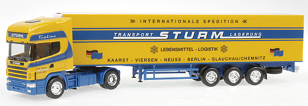 European Trucks - Tractor/Trailer - Scania 144 TL 2-Axle Cabover -- w/3-Axle Refrigerated Box Semi-Trailer "Sturm" (yellow & blue)