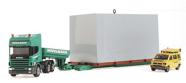 European Trucks - Tractor/Trailer Heavy Haul Set -- Volvo 3-Axle Tractor, 3-Axle Lowboy w/Load & VW T4 Escort Van Hoevelmann