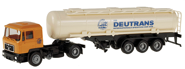 European Trucks - MAN F90 2-Axle Cabover -- w/3-Axle Tank Trailer - Deutrans (orange, black, white, blue)