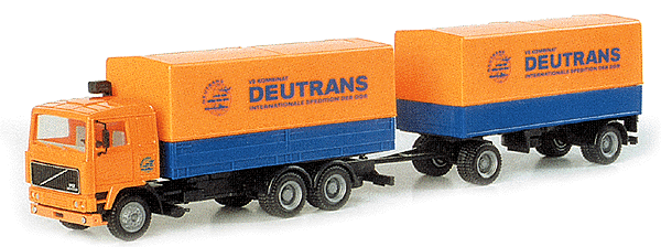 European Trucks - Box Van w/Matching 2-Axle Trailer -- Volvo FH 12 W/Canvas Side Trailer - Deutrans (orange, blue, black)
