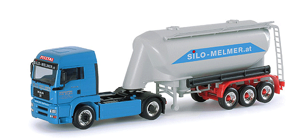 European Trucks - Tractor-Trailer - MAN TG-A LX 2-Axle Cabover -- w/3-Axle Bulk Tank Trailer - Melmer (light blue, gray, red)