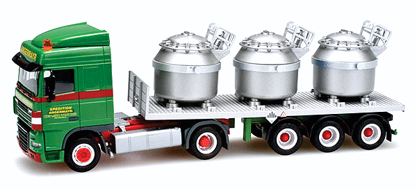 Truck DAF XF 105 w/Flatbed Semi Trailer - Assembled -- With Liquid Aluminum Tank Load Antermayr (green, red, silver)