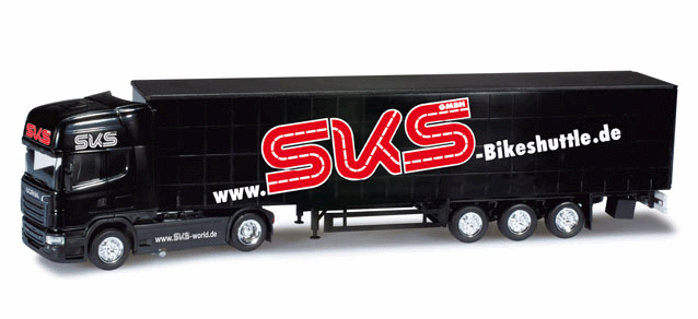 Scania R TL Semi w/Curtain-Wall Trailer - Assembled -- SKS Bike Shuttle (black, red, white, German Lettering)