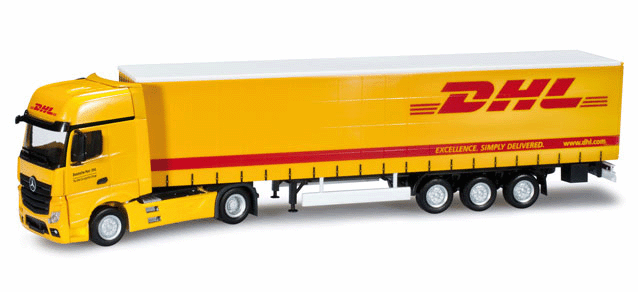 Mercedes-Benz Actros Gigaspace Semi Tractor w/Canvas Trailer - Assembled -- DHL (yellow, black, red, German Lettering)