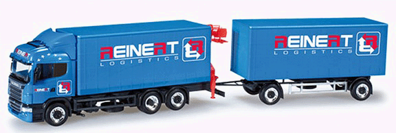 Truck Scania R HL Curtain-Wall Truck & Semi Trailer - Assembled -- Reinert Logstics (blue, red, German Lettering)