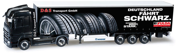 Truck Mercedes LH w/Curtain-Wall Semi Trailer - Assembled -- Fulda Tires (black, white, German Lettering)