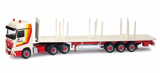 Mercedes-Benz Actros LH Semi Tractor w/Flatbed Trailer - Assembled -- Barth (white, red, yellow, German Lettering)