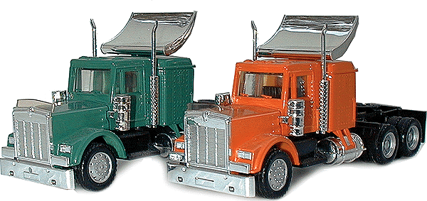 American Trucks - Tractor Only - Kenworth W-900 3-Axle Conventional -- Long Chassis - Painted (orange or green) w/Chromed Air Deflector Wing