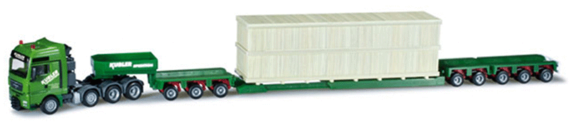 MAN TGX XXL, Pendel-X w/Heavy-Haul Trailer - Assembled -- With Box Load, Kuebler (green, German Lettering)
