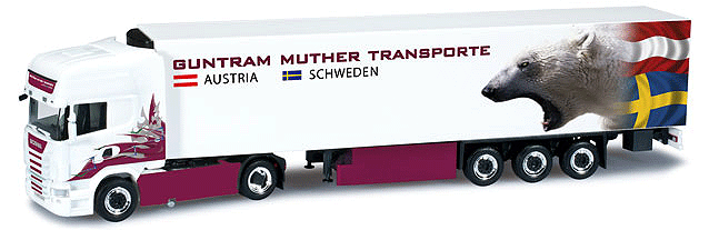 Scania R TL w/Reefer Trailer - Assembled -- Guntram (white, red, blue, German Lettering)