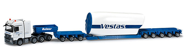 Mercedes-Benz Actros Tractor w/Low-Bed Trailer - Assembled -- With Vestas Wind Turbine Nacelle Load (white, blue, German Lettering)