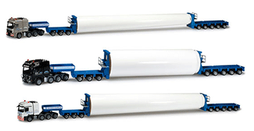 Mercedes-Benz Actros Tractors w/Telescoping Trailers - Assembled -- Set of 3 w/Wind Turbine Mast Loads (white, blue, German Lettering)