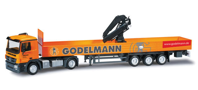 Mercedes-Benz Actros w/Low-Side Trailer w/Center Hoist - Assembled -- Godelmann (orange, red, gray, German Lettering)