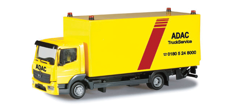 Mercedes-Benz Atego Straight Box-Body Delivery Truck - Assembled -- ADAC (yellow, red, black, German Lettering)