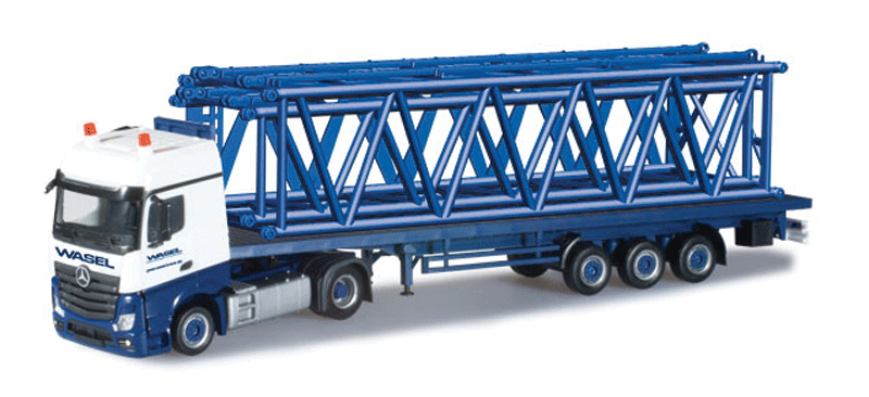 Mercedes-Benz Actros Tractor w/Low-Boy Trailer & S&L Crane Booms - Assembled -- Wasel (blue, white, German Lettering)