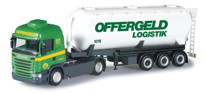 Scania R Semi Tractor w/Bulk Tank Trailer - Assembled -- Offergeld (green, yellow, white, German Lettering)